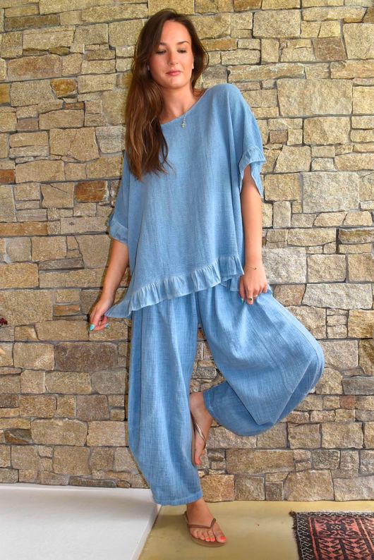 Frame Hopsack Frill Box Top Washed Denim